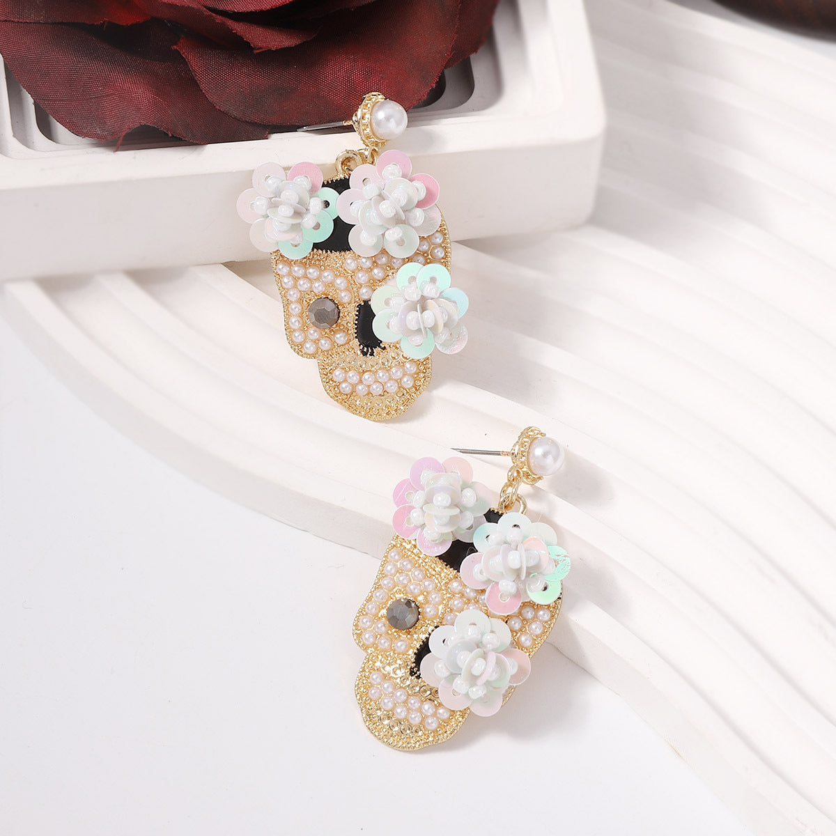 Wholesale Halloween Inlaid Zircon with Sequined Skull Earrings